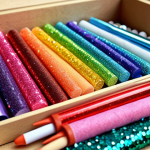 **

Close-up shot of various colored hot glue sticks (Glitzerpartikel, Glitterpartikeln) arranged creatively. Focus on vibrant colors and textures. Add crafting elements like beads, felt scraps, and maybe a partially decorated wooden box in the background, subtly suggesting DIY projects.

**