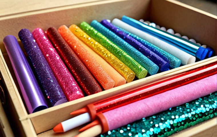 **
Close-up shot of various colored hot glue sticks (Glitzerpartikel, Glitterpartikeln) arranged creatively. Focus on vibrant colors and textures. Add crafting elements like beads, felt scraps, and maybe a partially decorated wooden box in the background, subtly suggesting DIY projects.
**