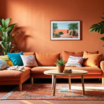 **A cozy living room with a warm terracotta-colored wall, accented with colorful cushions and a rug. Sunlight streams in, illuminating various houseplants.** (Focuses on color and atmosphere)