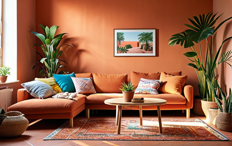 **A cozy living room with a warm terracotta-colored wall, accented with colorful cushions and a rug. Sunlight streams in, illuminating various houseplants.** (Focuses on color and atmosphere)