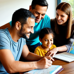 A diverse family of four, parents and two children (approx. 8 and 14 years old), fully clothed in modest, comfortable casual wear, are gathered around a large wooden table in a brightly lit, modern living room. They are actively engaged in planning a family vacation, looking at a laptop, a detailed world map spread out, and several travel guidebooks. One parent points to a destination on the map, while a child holds a notebook with budget calculations. The atmosphere is collaborative and joyful, reflecting teamwork and anticipation. The background features a large window with natural light. safe for work, appropriate content, fully clothed, family-friendly, professional photography, perfect anatomy, correct proportions, natural pose, well-formed hands, proper finger count, natural body proportions, high quality, vibrant colors.