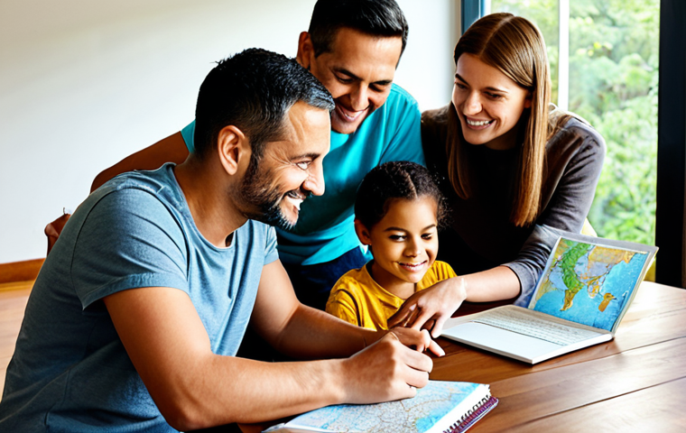 A diverse family of four, parents and two children (approx. 8 and 14 years old), fully clothed in modest, comfortable casual wear, are gathered around a large wooden table in a brightly lit, modern living room. They are actively engaged in planning a family vacation, looking at a laptop, a detailed world map spread out, and several travel guidebooks. One parent points to a destination on the map, while a child holds a notebook with budget calculations. The atmosphere is collaborative and joyful, reflecting teamwork and anticipation. The background features a large window with natural light. safe for work, appropriate content, fully clothed, family-friendly, professional photography, perfect anatomy, correct proportions, natural pose, well-formed hands, proper finger count, natural body proportions, high quality, vibrant colors.