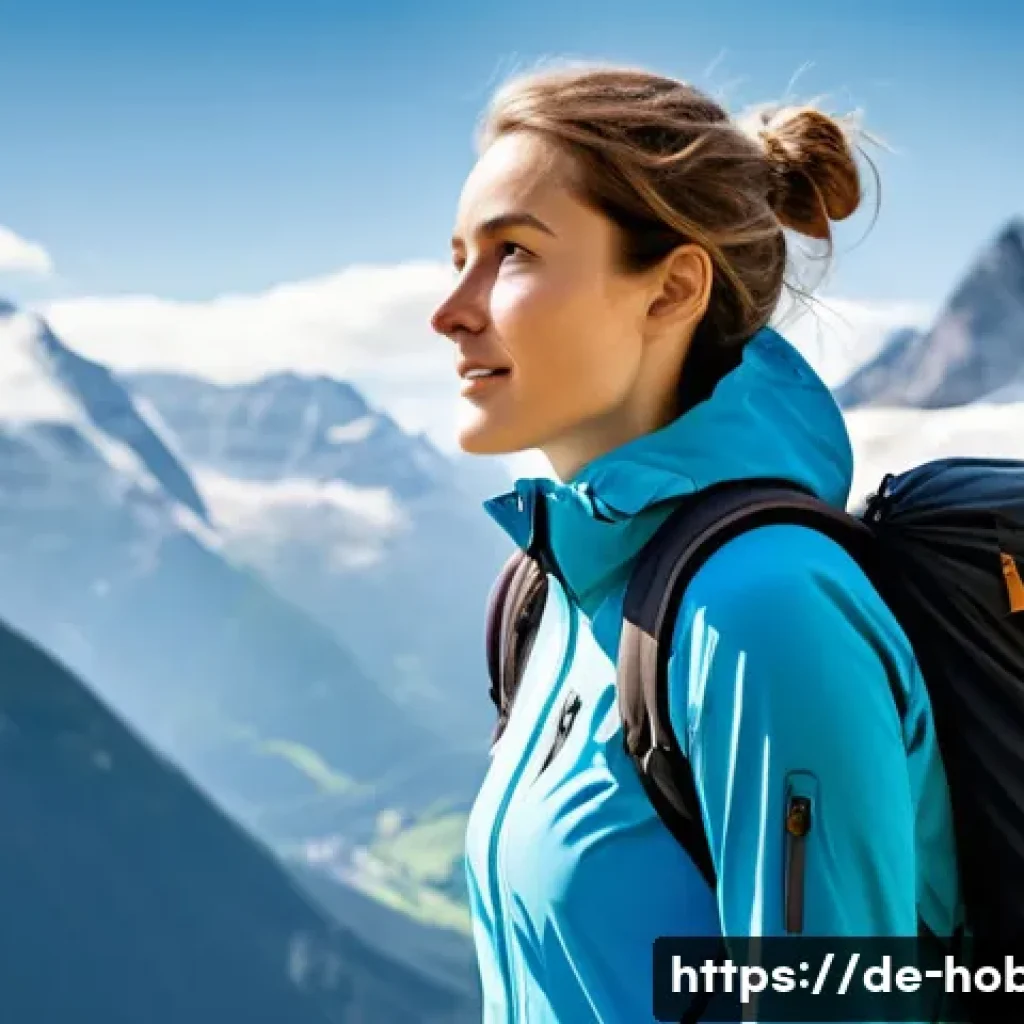 하이킹 장비 - A female hiker in her late 20s stands confidently on a scenic mountain path in the German Alps, with...