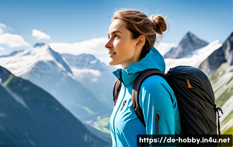 하이킹 장비 - A female hiker in her late 20s stands confidently on a scenic mountain path in the German Alps, with...