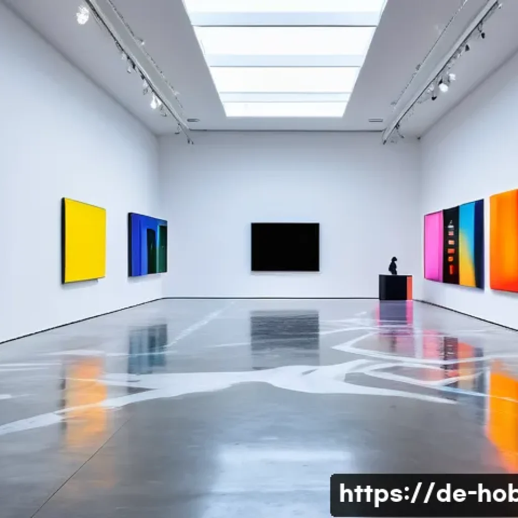 미술 작품 전시 - A vibrant modern art exhibition scene inside a spacious, well-lit gallery in Berlin, featuring large...
