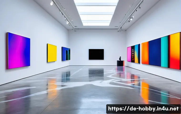 미술 작품 전시 - A vibrant modern art exhibition scene inside a spacious, well-lit gallery in Berlin, featuring large...