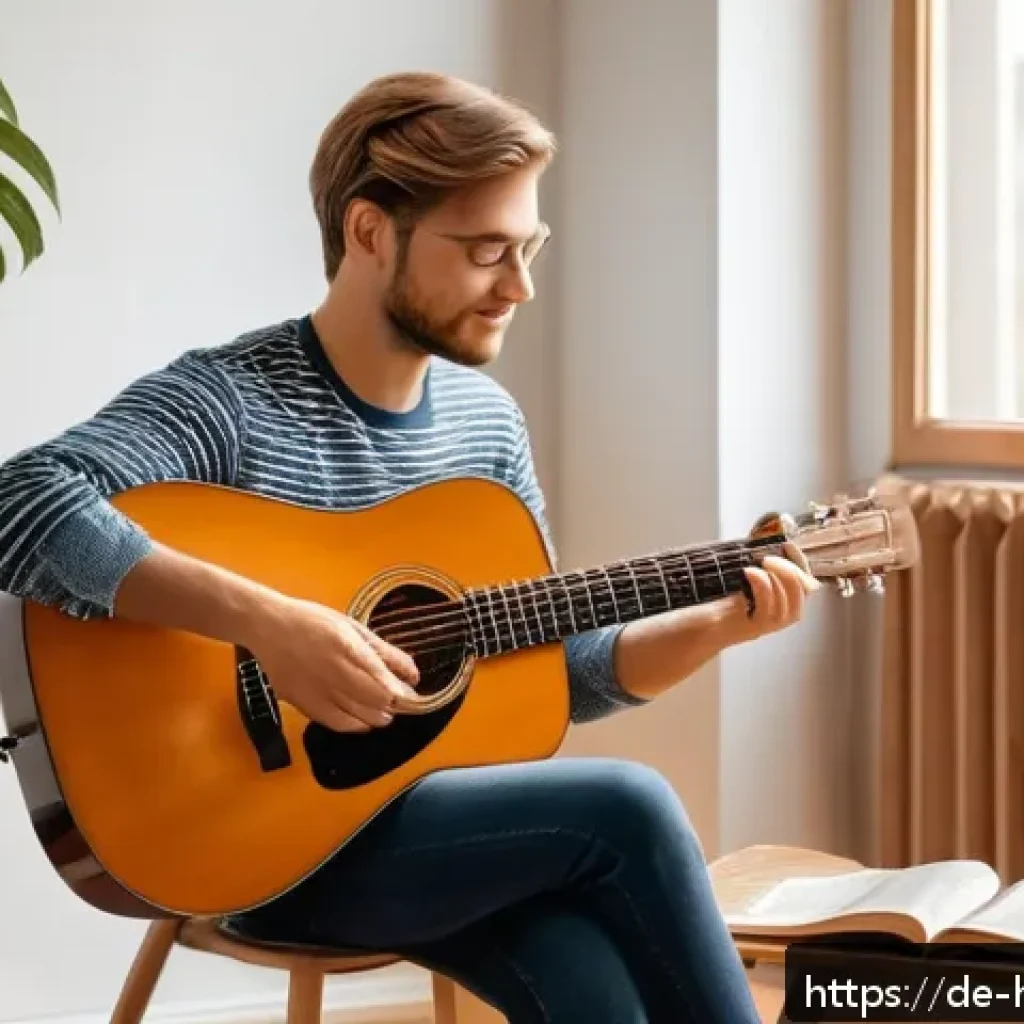 악기 추천 - A cozy German living room scene featuring a beginner playing a classic acoustic guitar, sitting comf...