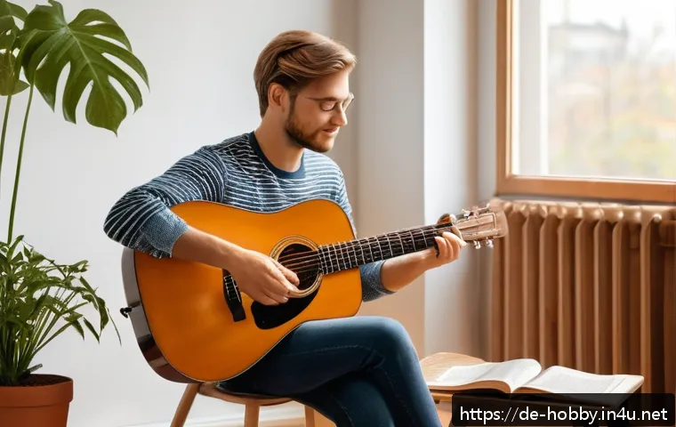 악기 추천 - A cozy German living room scene featuring a beginner playing a classic acoustic guitar, sitting comf...