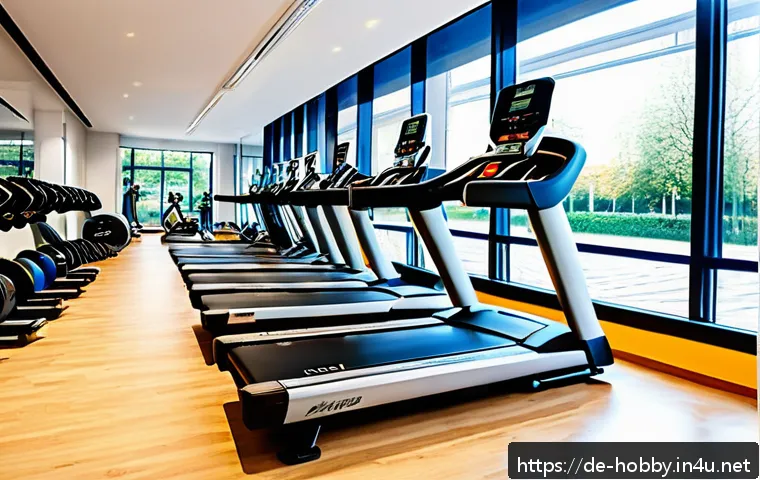 헬스장 추천 운동 - A modern gym interior in a bright, spacious room located near a European urban residential area, sho...