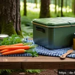 Home 20 캠핑 요리법 - A vibrant outdoor camping kitchen scene featuring a rustic wooden table set in a lush forest clearin...