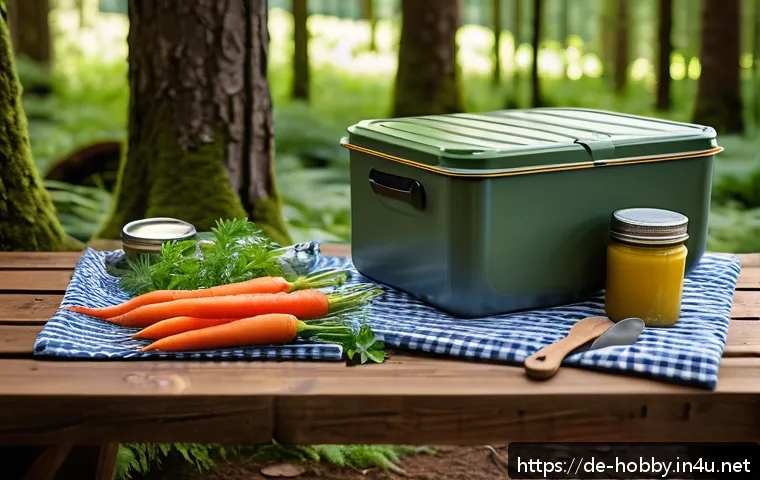 캠핑 요리법 - A vibrant outdoor camping kitchen scene featuring a rustic wooden table set in a lush forest clearin...