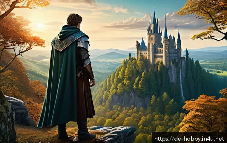 시리즈 소설 - A detailed, atmospheric illustration of a modern fantasy book cover showing a richly built world: an...
