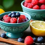 Home 18 저칼로리 디저트 레시피 - A vibrant summer dessert scene featuring a rustic wooden table adorned with a warm berry compote in ...
