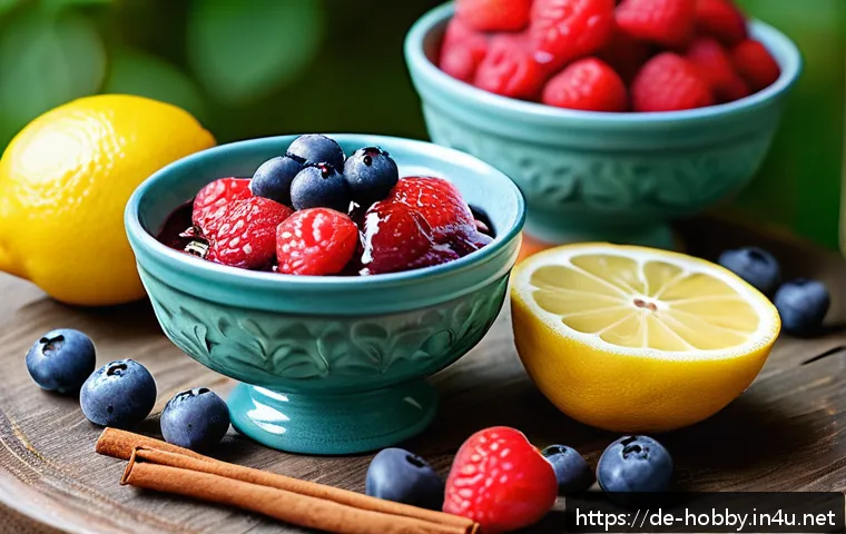 저칼로리 디저트 레시피 - A vibrant summer dessert scene featuring a rustic wooden table adorned with a warm berry compote in ...