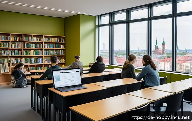 인문학 독서 - A sophisticated university classroom scene in a modern German lecture hall, with diverse students at...