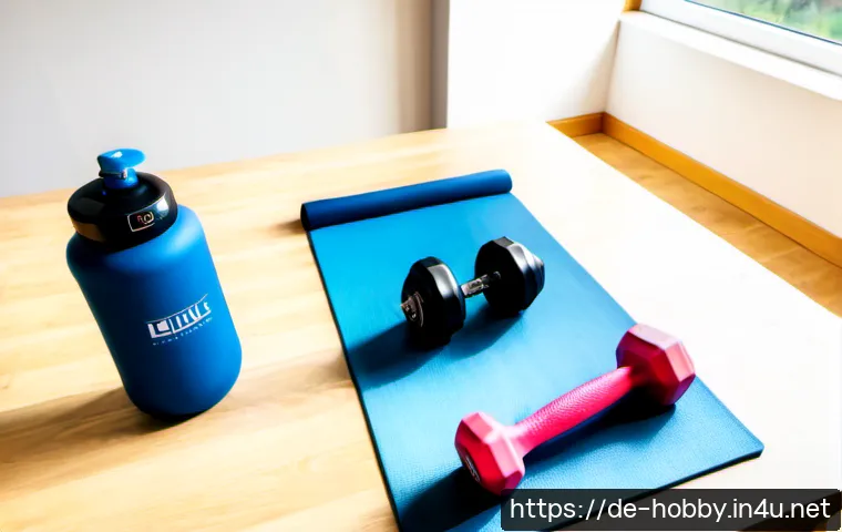 Home 17 근력 운동 계획 - Photorealistic home strength training planning scene for a German adult, neatly arranged dumbbells, ...