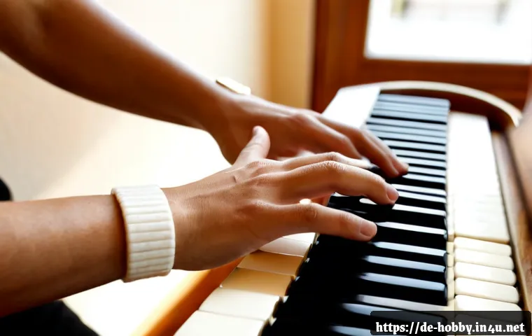 피아노 연주 팁 - Photorealistic close-up of an adult pianist practicing relaxed hand posture at an upright acoustic p...