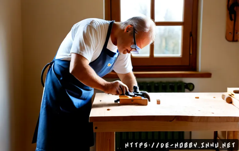 목공 DIY 프로젝트 - Photorealistic woodworking DIY project in a bright German home workshop, middle-aged craftsperson we...