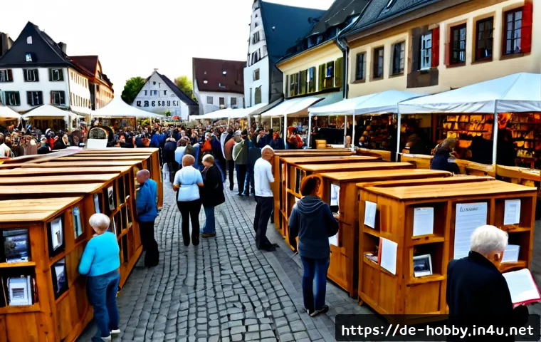 북 페스티벌 - Photorealistic outdoor book festival in a charming German town square, rows of simple wooden book st...